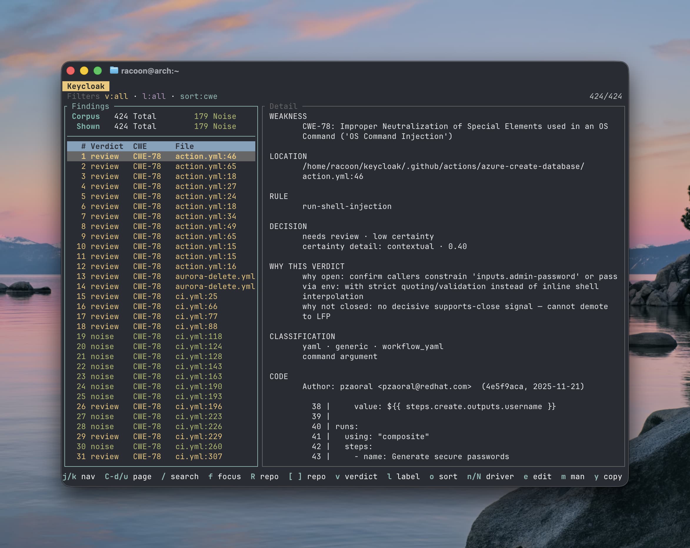 Lens reviewing Keycloak. A CWE-78 command-injection finding in action.yml stays open with low certainty. The detail pane explains which input constraints need checking and why there is no decisive evidence to close it.