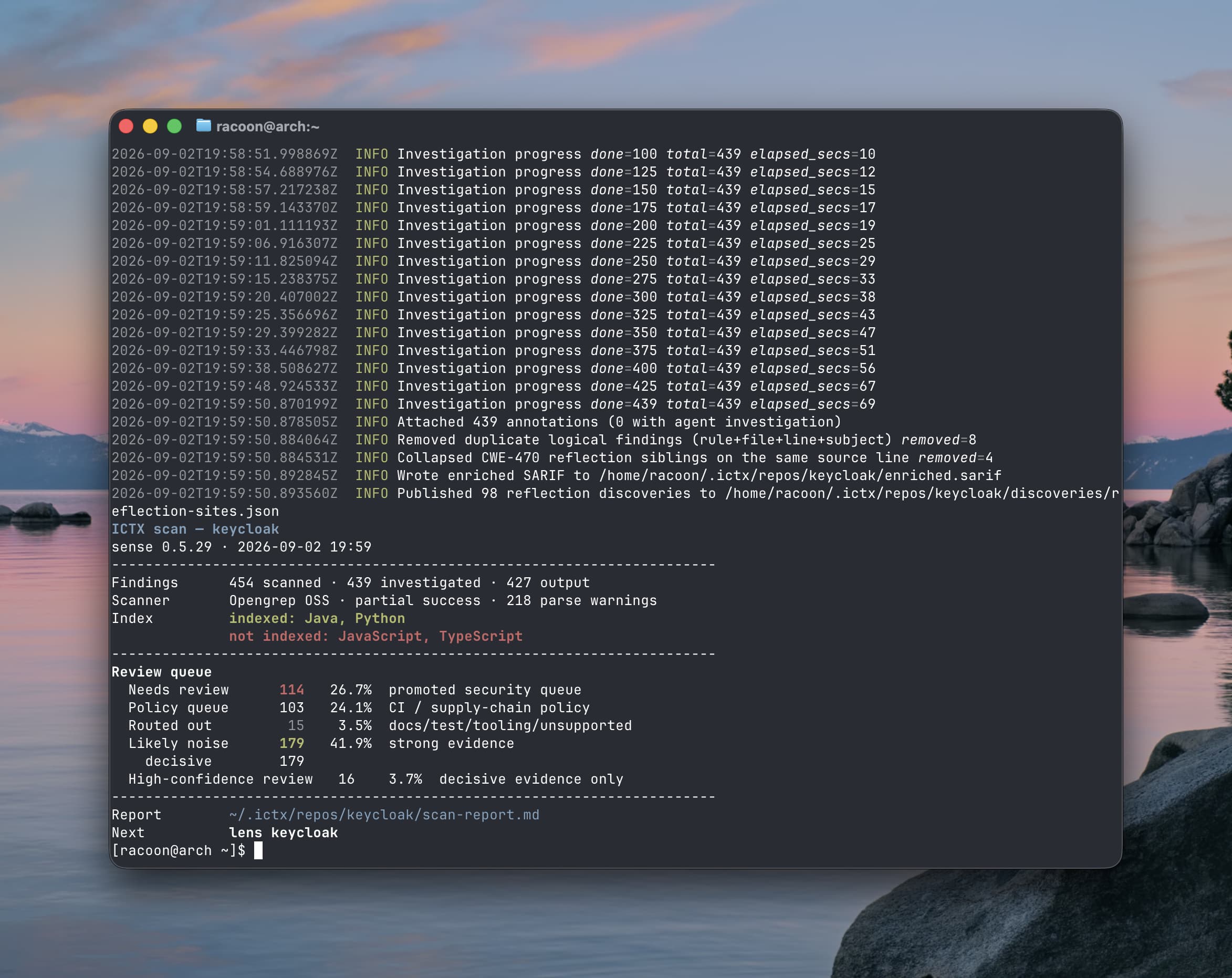 Sense scan of Keycloak: 454 findings scanned, 439 investigated, and 427 output. The review queue separates security review, policy, routed-out findings, likely noise, and high-confidence review.